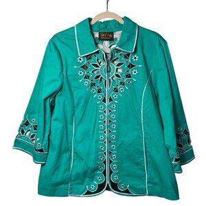 VTG Bob Mackie Wearable Art Embroidered Teal Jacket Floral Design Cotton Blend L